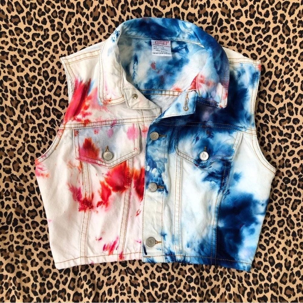 Vintage Vest Bongo Rework 90s Kid Core Tie Dye Jean Small USA Patriotic 4th July